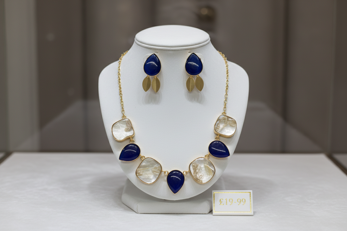 Jewelry set with necklace and earrings on a white background