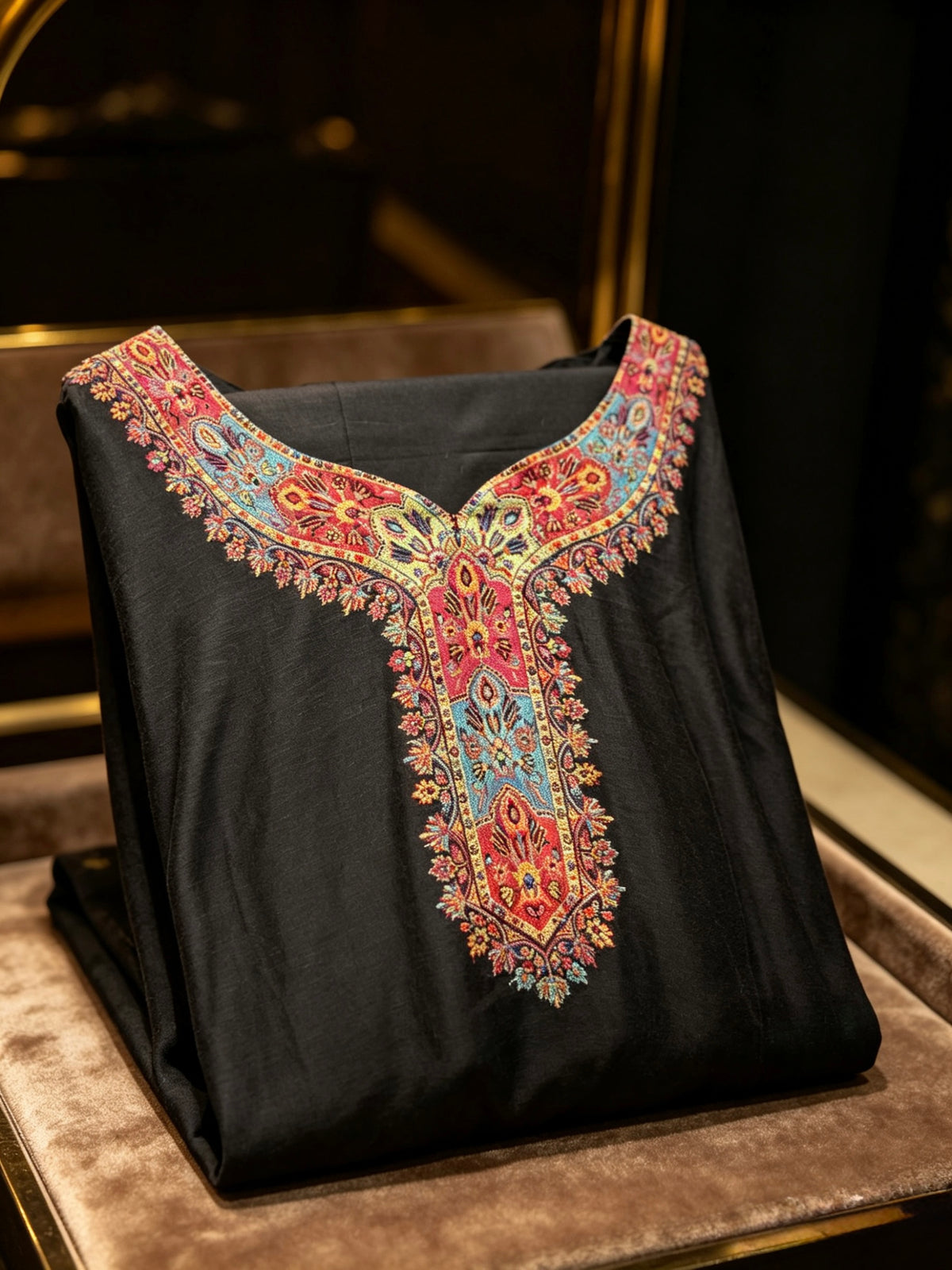 Kanni silk black kurta is folded and showing the neck weaving design in details. 