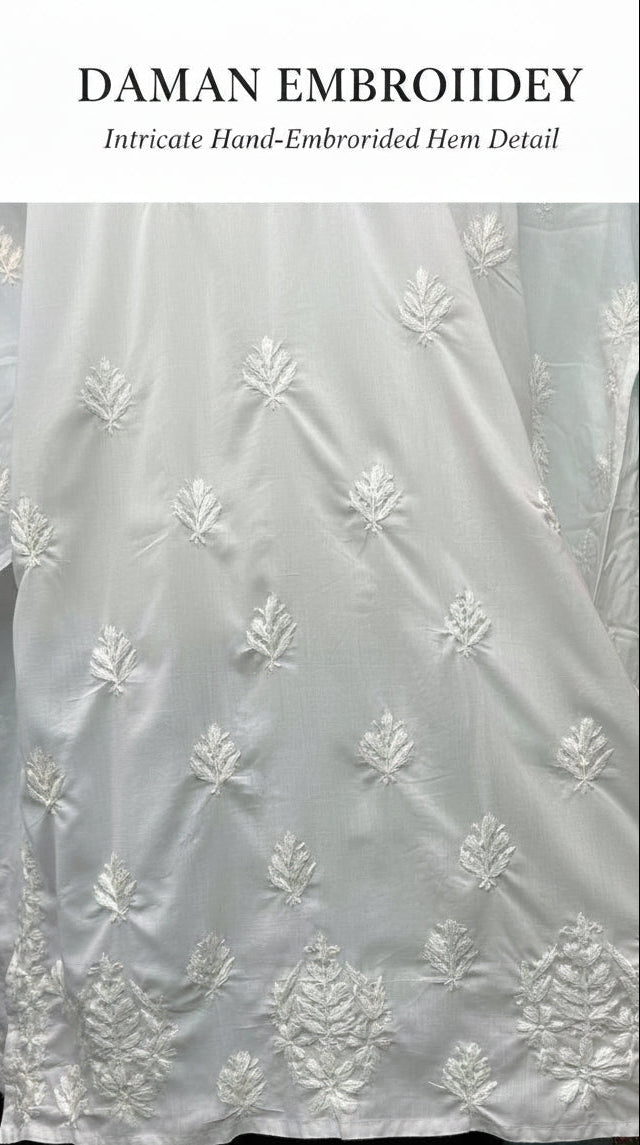 Kurti daaman white hand embroidery is focused for the customers to underhand how it looks like. 