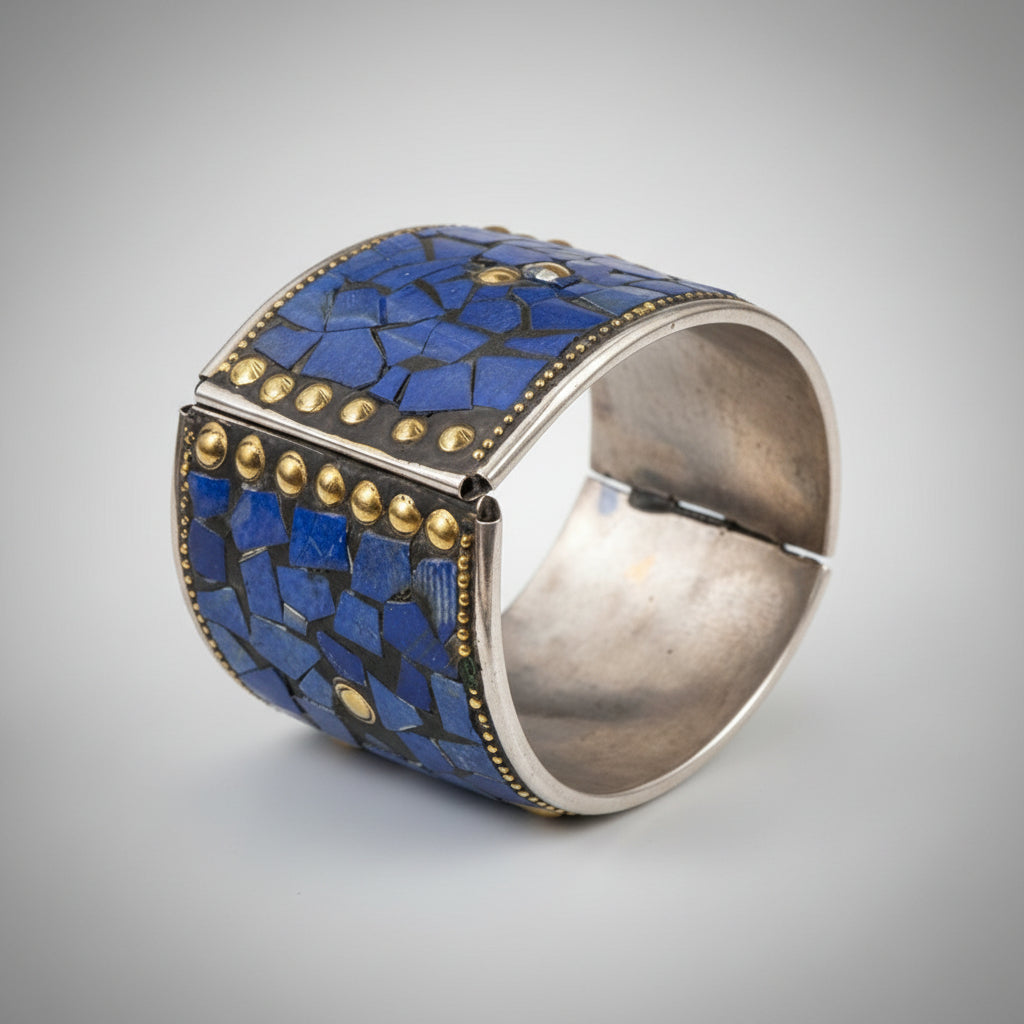 A wide silver cuff bracelet decorated with a mosaic of blue lapis lazuli stones and rows of small gold studs, photographed on a black background.