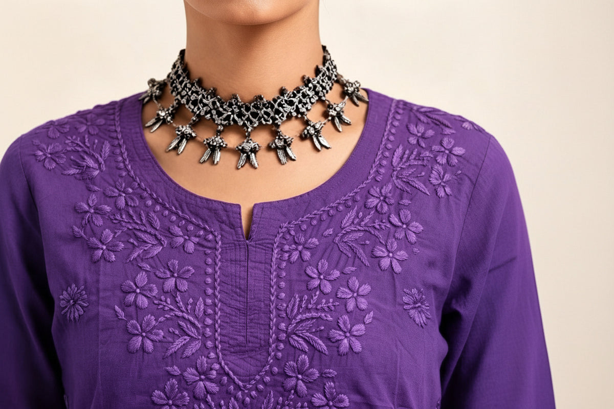 Close-up view of the neckline and chest area of a purple cotton short kurti featuring dense, intricate floral embroidery and a keyhole neckline, styled with an ornate silver choker necklace.