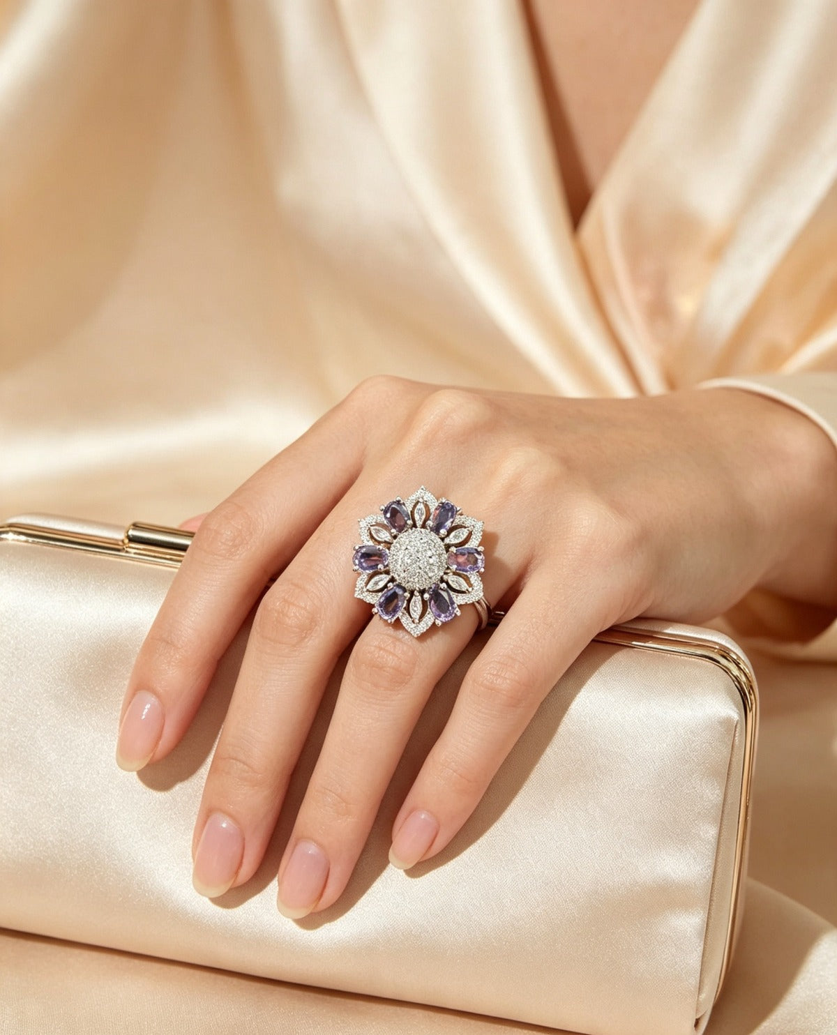 Silver-tone floral halo ring with lavender purple stones and sparkling AD center, worn on hand resting on cream satin clutch with soft silk background