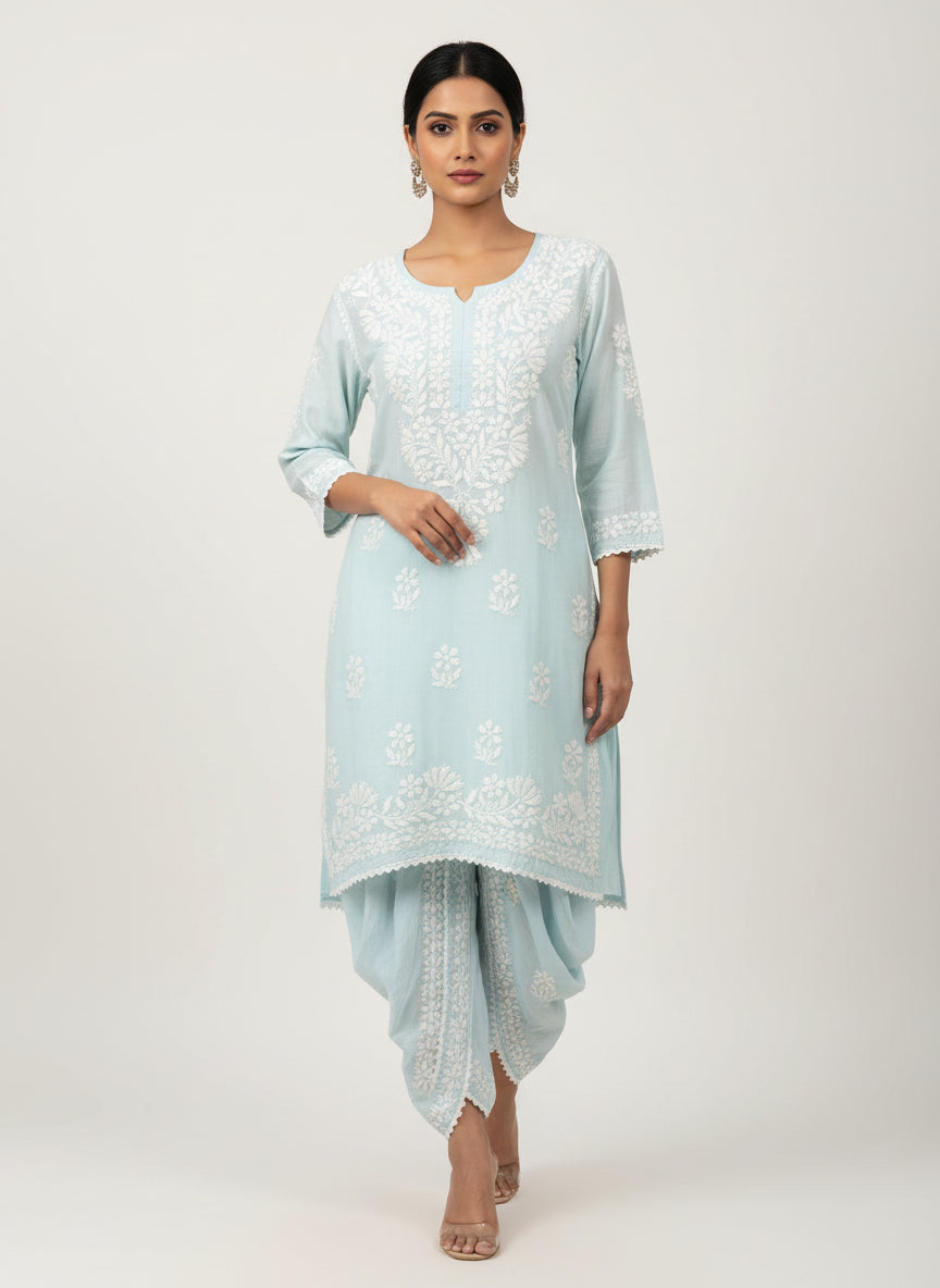 Light blue colour cotton fabric kurti and dhoti trousers. 