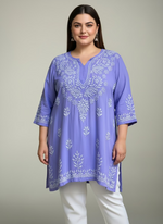 Lilac colour plus sizechikankari short length kurti 