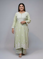 Lime Green colour rayon fabric UK 5XL plus size chikankari kurti with white thread embroidery.