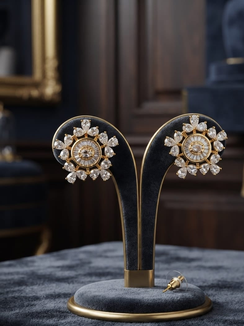 A pair of ornate gold and diamond floral stud earrings displayed on a black velvet jewelry stand with gold trim, set against a dark, elegant interior background.