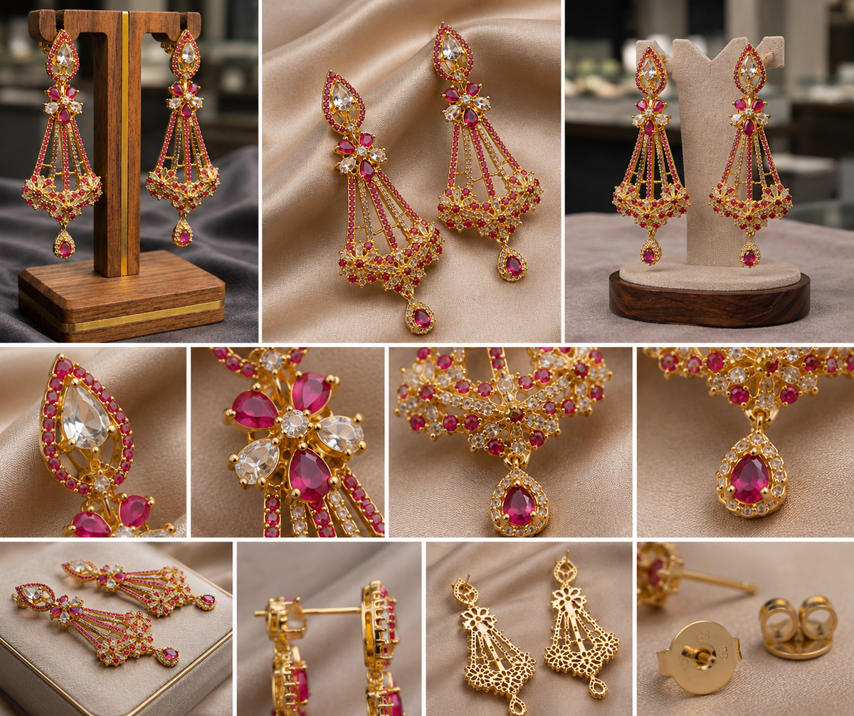 Premium gold-tone dangle earrings featuring pink crystal accents, intricate floral craftsmanship, and macro close-up views of gemstone settings and back design.