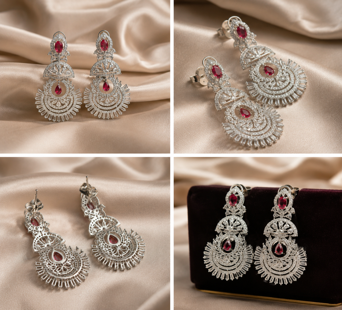 Close-up flat lay of silver statement earrings with ruby red gemstones on champagne satin fabric, showcasing elegant crystal detailing.