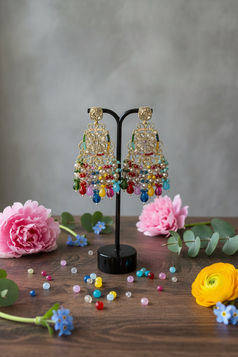 Luxury golden earrings with a rose gold finish and colorful crystals displayed on a velvet stand, ideal for bridal or high-end evening jewellery collections.