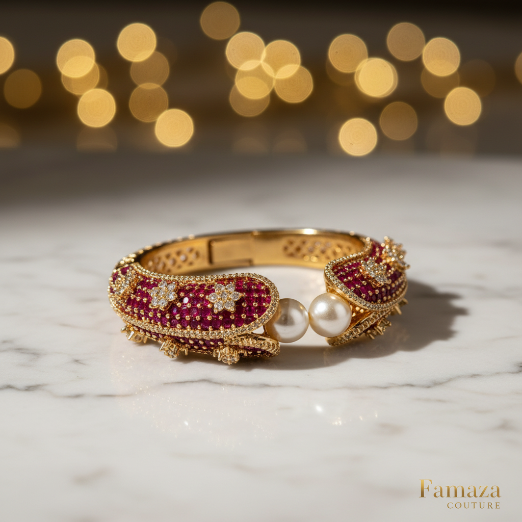 A gold hinged cuff bracelet adorned with deep red gemstones, pavé diamonds, and two white pearls, displayed on a white marble surface with warm golden bokeh lights in the background.