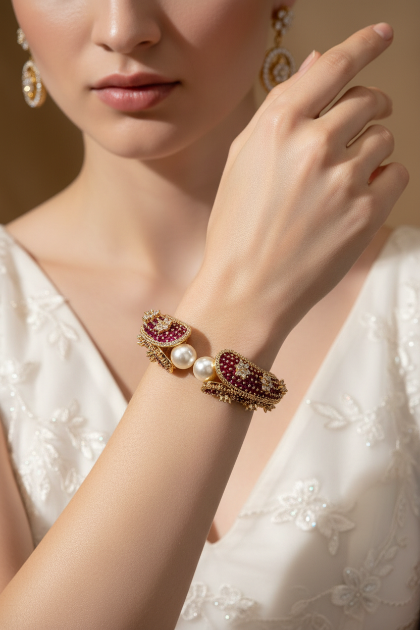 A close-up lifestyle shot of a model wearing an ornate gold cuff bracelet decorated with red gemstones, white pearls, and small clear crystals, paired with a white embroidered dress.