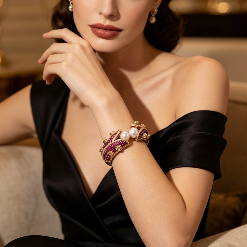 Model wearing Magenta Pearl Gold Openable Bangle on wrist — luxury bridal cuff with deep magenta-ruby gemstones, lustrous pearls, and intricate gold detailing; premium formal jewelry by Famaza Couture