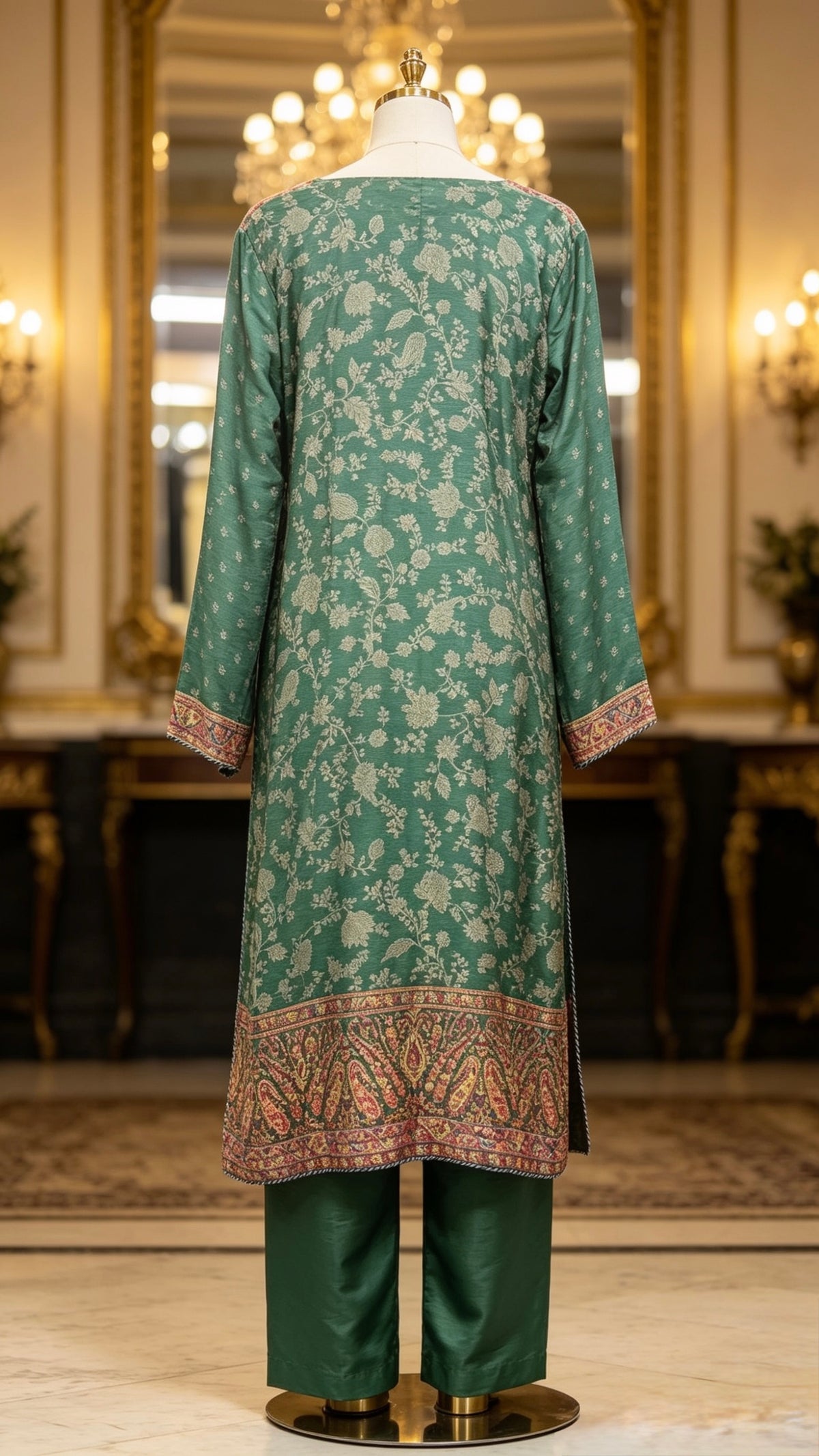 Mannequin wearing a bottle green kanni silk kurti rear view with it's full elegance and royal elegance details with plain pure raw silk trousers. 
