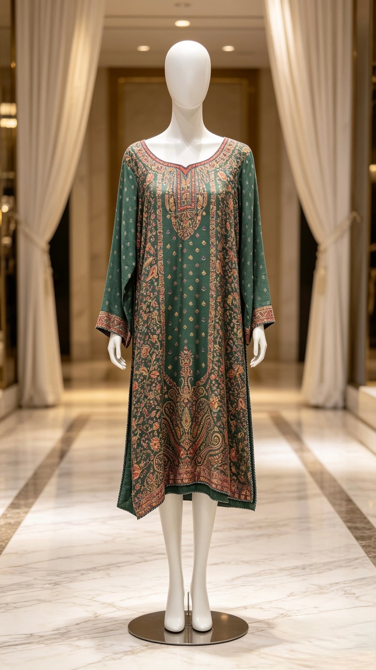 Mannequin wearing a bottle green kanni silk kurti with it's full elegance and royal elegance details. 