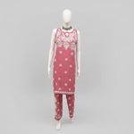 Mannequin wearing a pink dress with white floral patterns hand embroidery 2pc dress. 