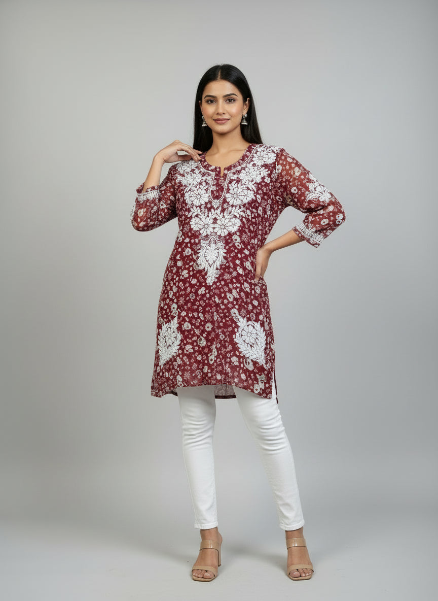 Maroon colour all over printed georgette fabric short length kurti with white thread hand embroidery 