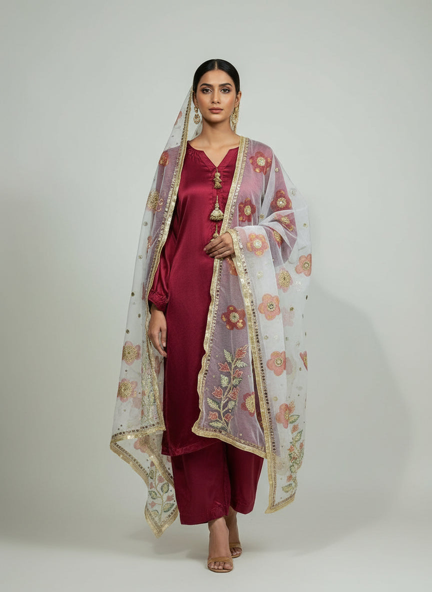 Maroon colour silk fabric long kurti and trousers with white hand painted organza dupatta. 