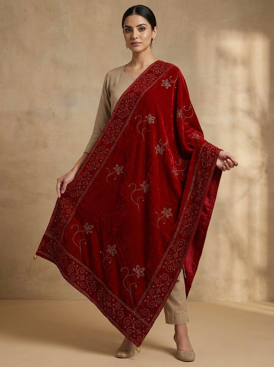 Maroon colour velvet stole with golden stones work all over the stoles.