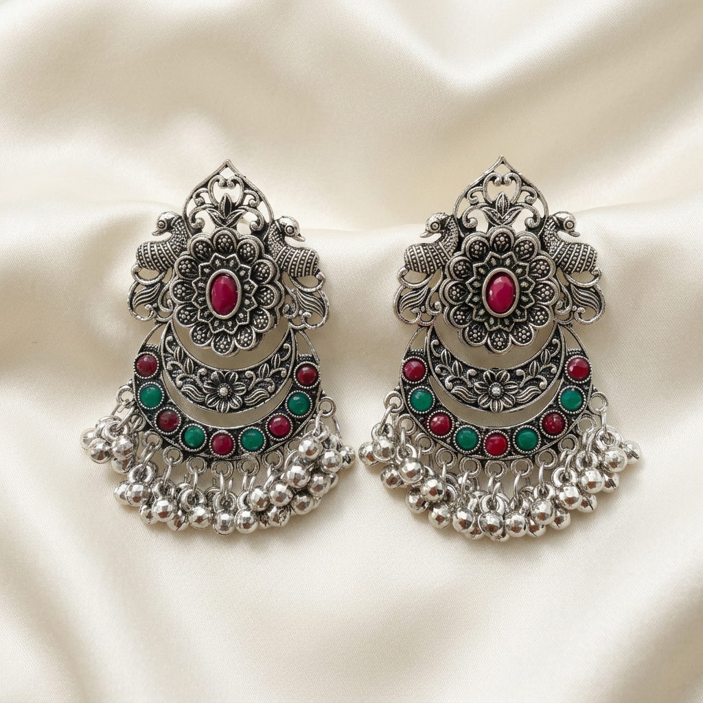 Regal Bloom silver-toned chandbali earrings with red and green stones, laid on a cream satin fabric background