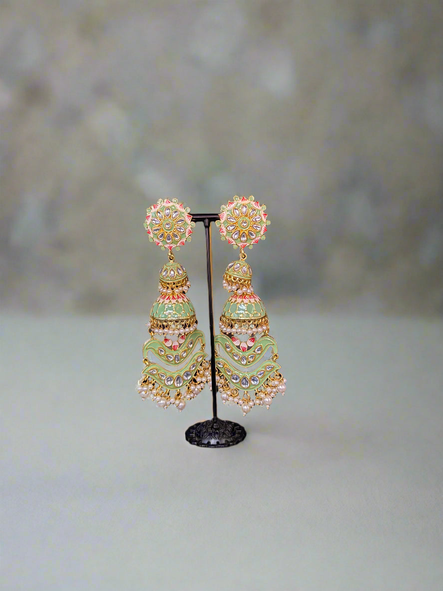 Meenakari jhumka earrings with kundan stones and pearl detailing 