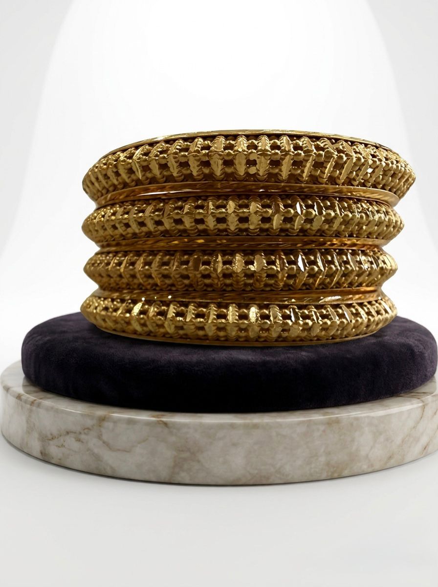 A professional product photograph showing a stack of four micro gold-plated copper bangles displayed on a dark purple velvet cushion atop a white marble pedestal. The bangles feature an intricate, wide-profile honeycomb lattice texture with a high-luster gold finish, set against a bright white background.