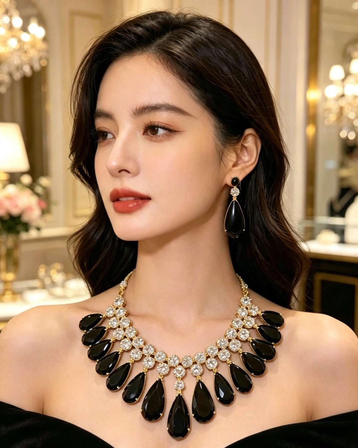 Elegant woman wearing a gold, diamond, and black teardrop necklace and matching earrings in a luxurious room.