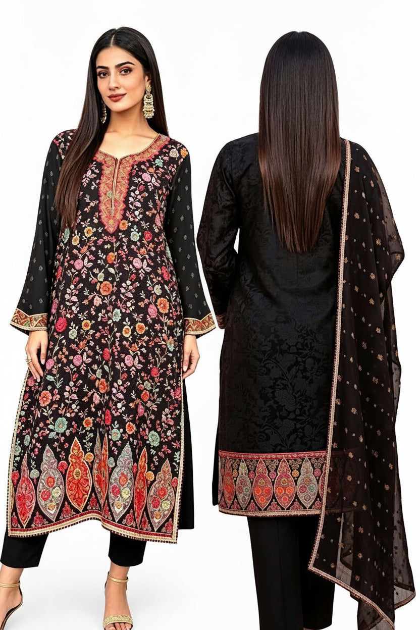 Front and back view of a premium black pure silk kurta set, showcasing detailed multi-colored Kanni floral embroidery, zari border work, and a matching embellished dupatta against a pure white background.