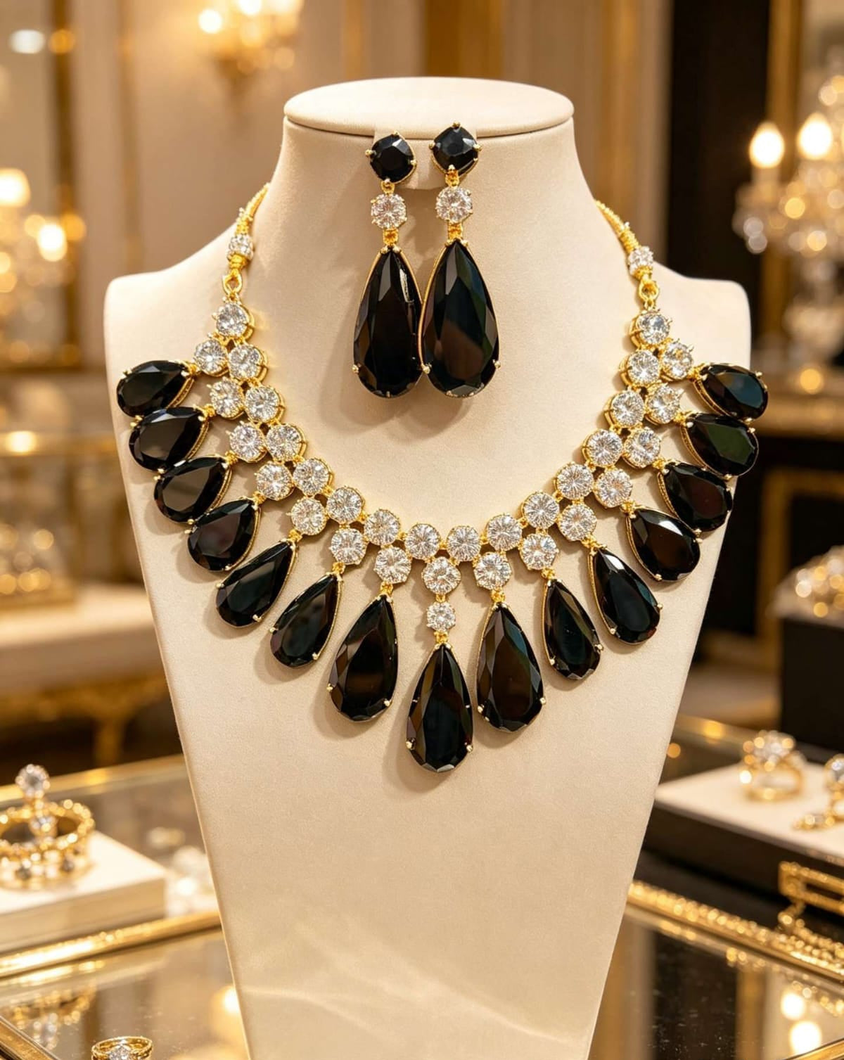 A luxurious gold necklace and matching earrings, featuring large black teardrop stones and pave diamonds, displayed on a cream-colored bust in a high-end jewelry store setting.