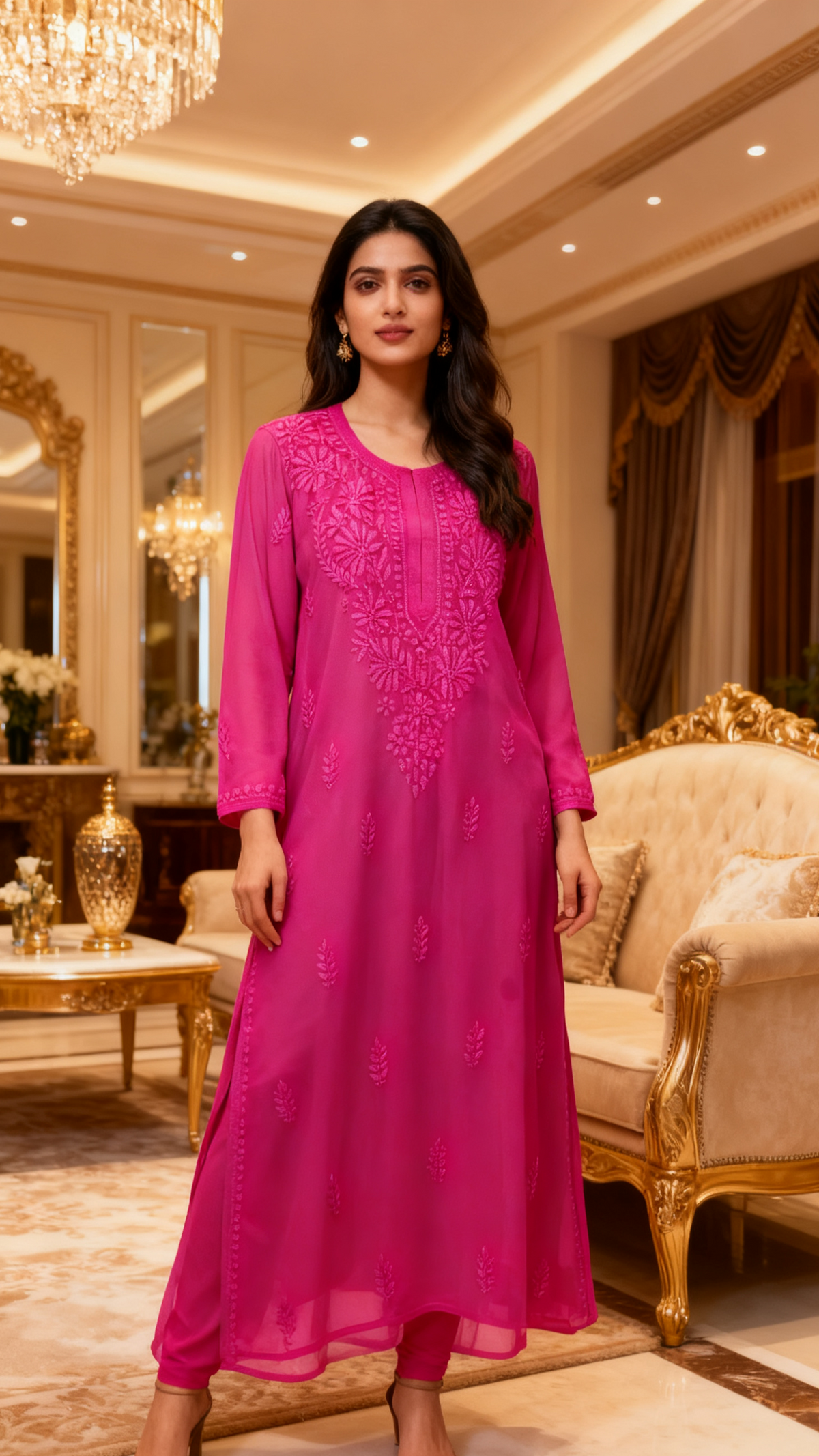 Woman in a magenta colour embroidered long kurti.