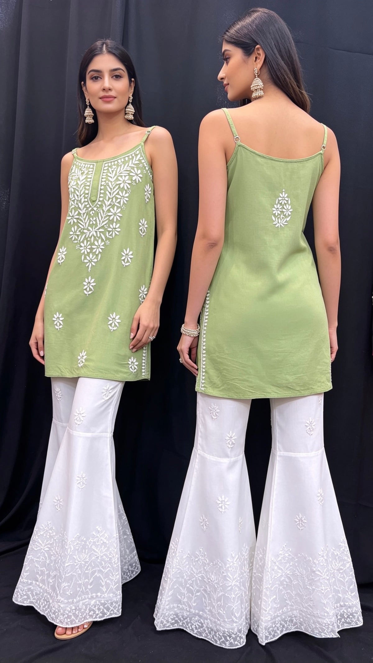 Model is displaying the front and rear view of the short tunic of mint colour with hand embroidery. 
