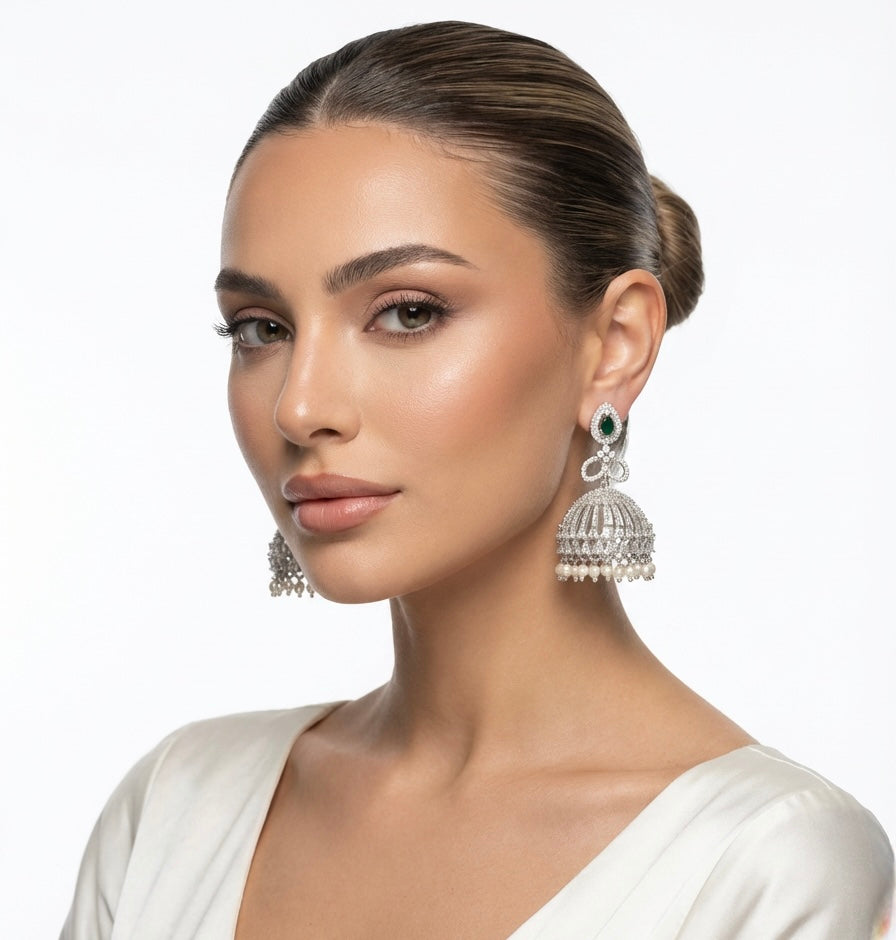 American Diamond earrings white stone with nano pearls bottom hangings. 