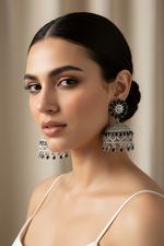 Model is wearing American diamond earrings with black stones. 