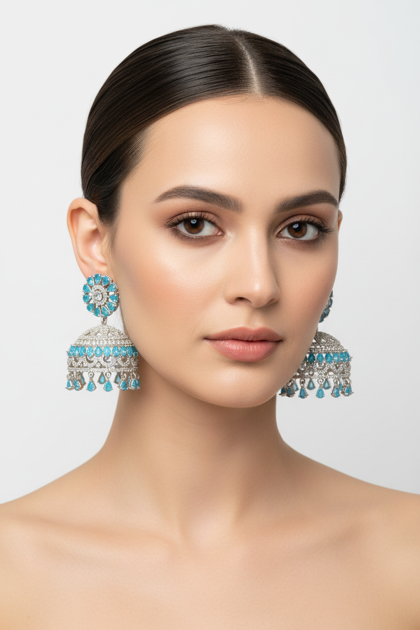 Model is wearing American diamond earrings with sky blue stones. 