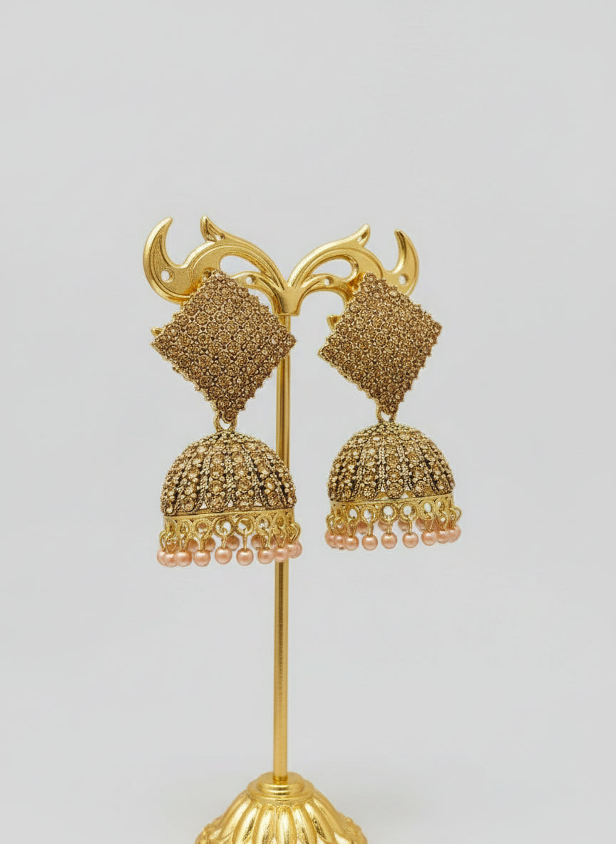 Golden nano square stud with jhumka earrings Famaza Couture