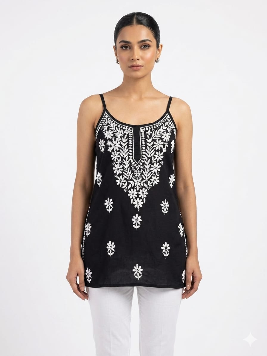Model is wearing black short noodle tunic. 