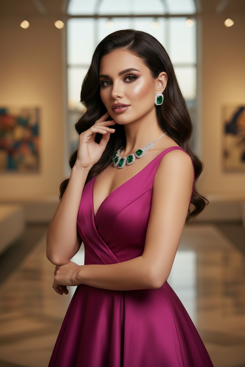 Model_is_wearing_bottle_green_stone_silver_choker_set_famaza_couture