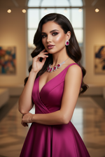 Model is wearing hot pink stone silver choker set famaza couture