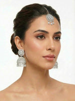 Model is wearing imitation AD stones earrings and maang tikka with pink and turquoise stones with annotations and measurements. 