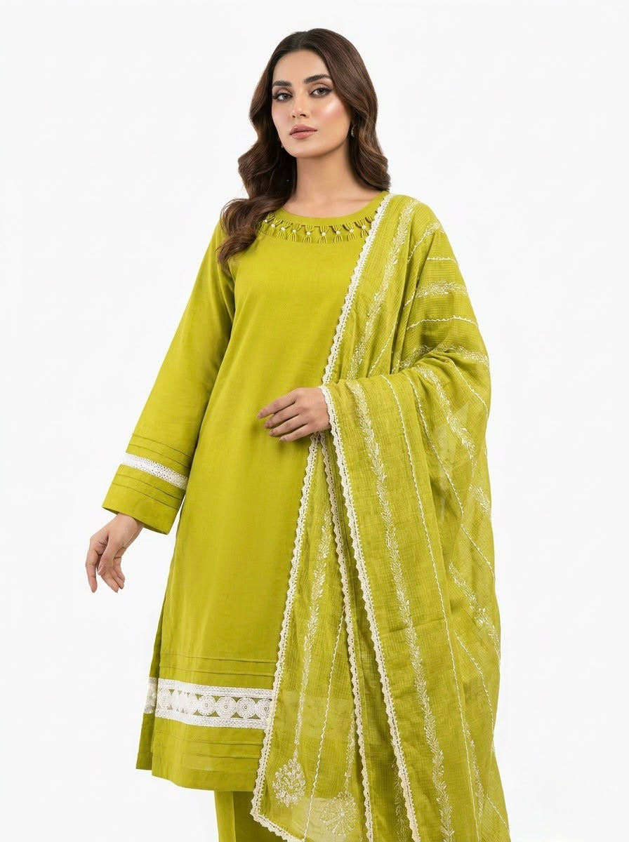 Model is wearing the olive green Pakistani 3pc set.