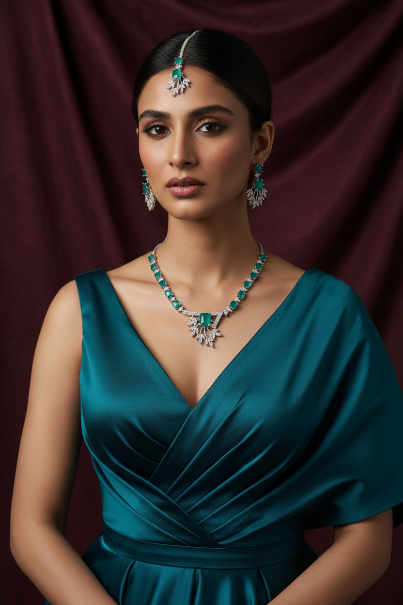 Model is wearing this American diamond jewellery set including necklace, earrings and maang tikka with turquoise centre stone. 