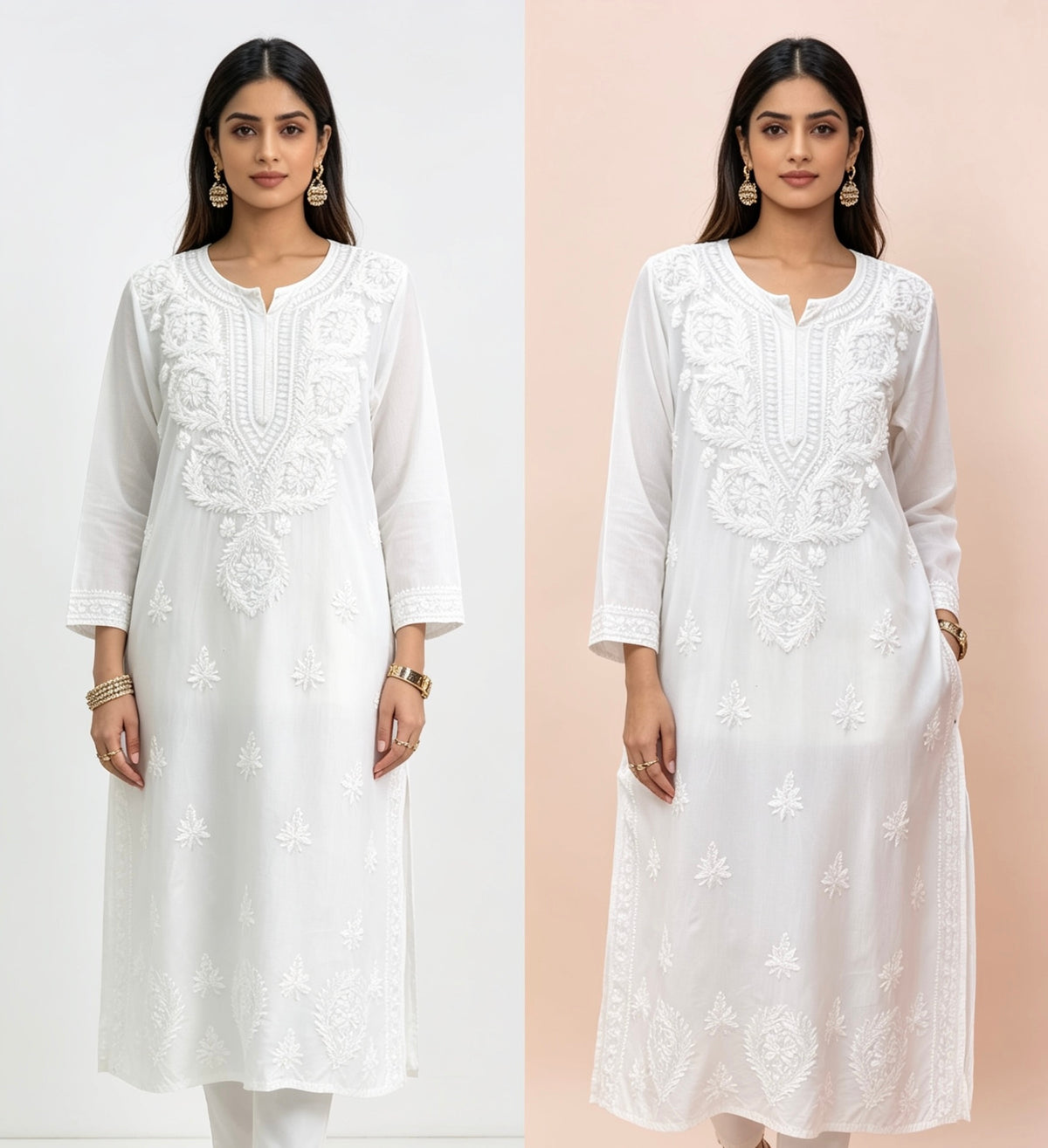 Model is wearing white modal fabric dense Ghasspati embroidery kurti and embroidered trousers. 