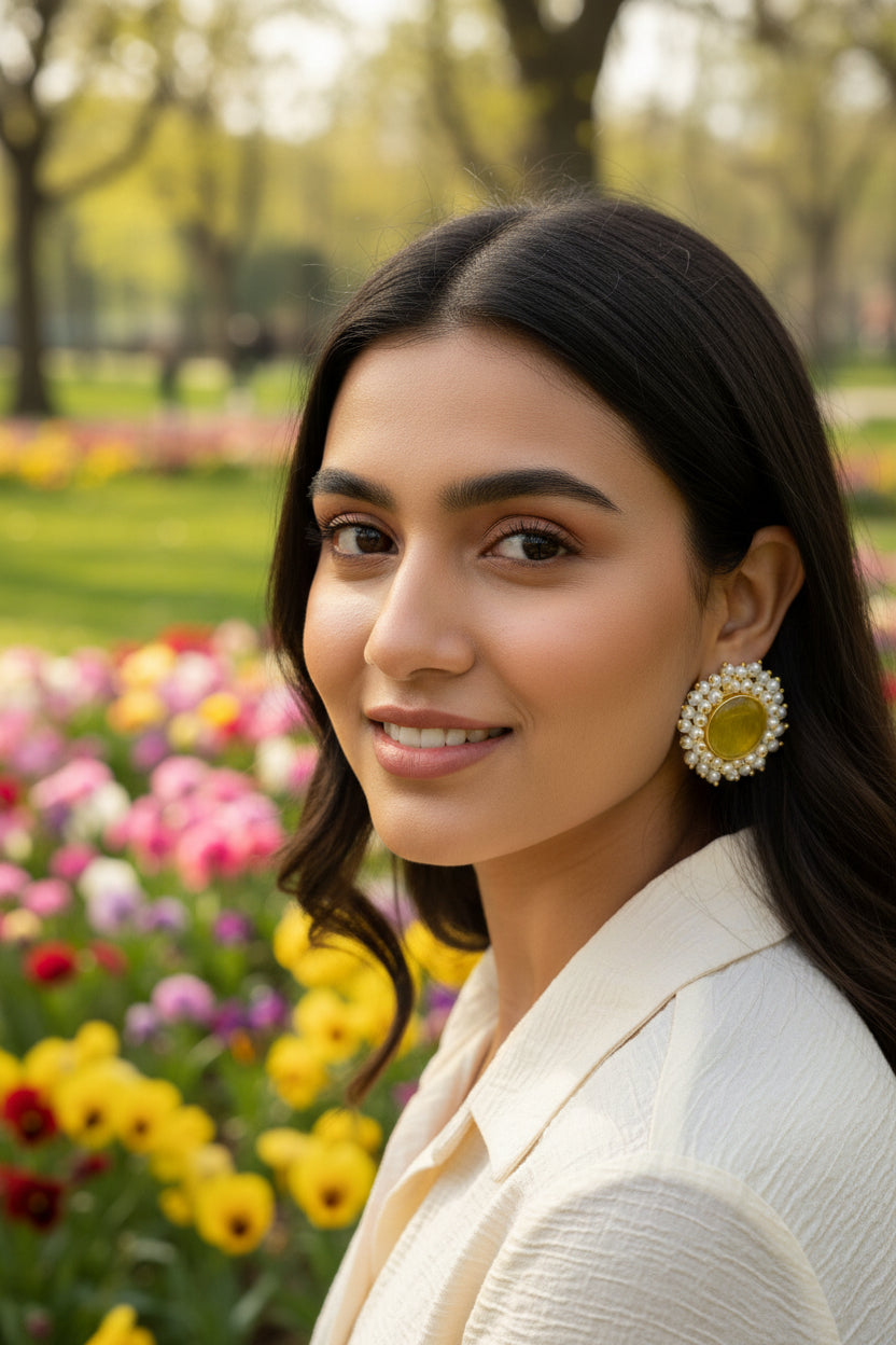 Model showcasing citrine yellow Mona Lisa stone studs, bright 18k gold plated brass earrings for luxury festive and party wear.