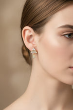 Model wearing the 2cm Starlight rose gold AD earrings, showcasing the petite and elegant drop length.