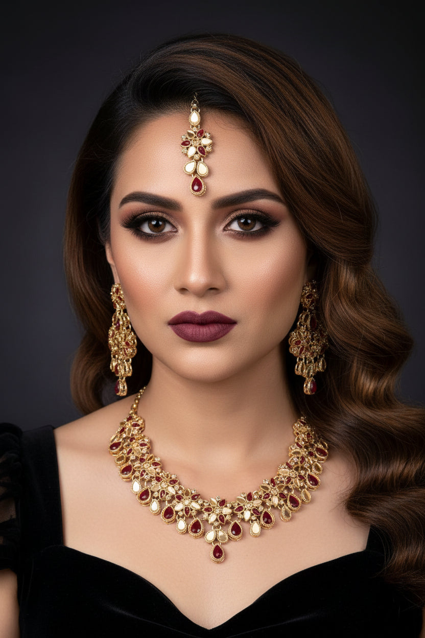 Model wearing the golden choker necklace set with ruby-red teardrop stones and floral motifs.