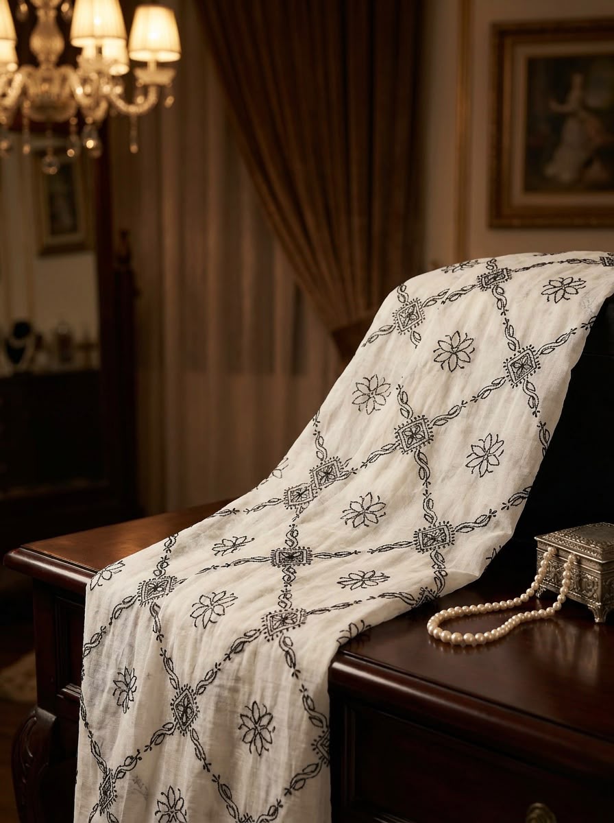 An elegant white and black floral lattice embroidered dupatta draped over a dark wooden table next to a pearl necklace and vintage trinket box, showcasing a luxurious and classic aesthetic.