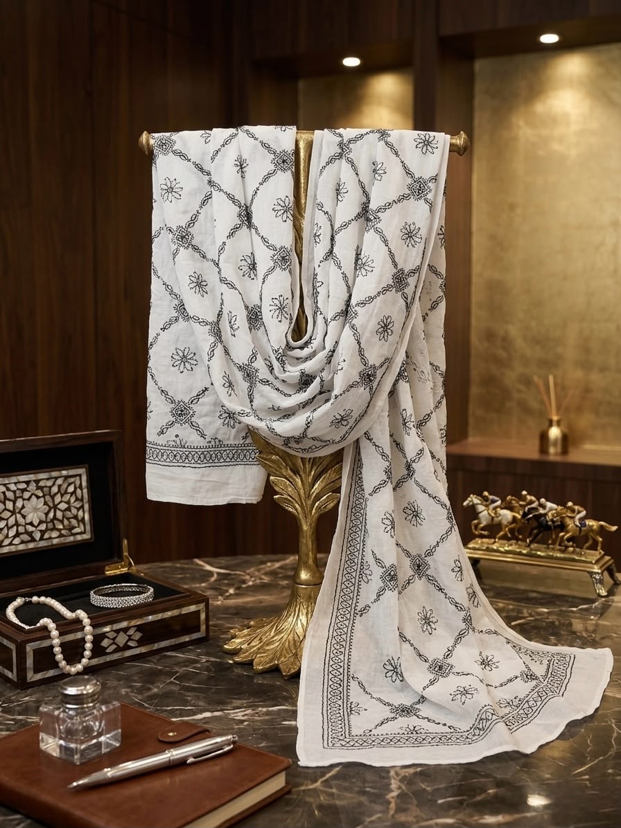 A monochrome white Kota Doriya dupatta with black floral lattice embroidery, elegantly draped over a gold decorative stand in a luxury room setting, accompanied by a pearl necklace and vintage accessories.