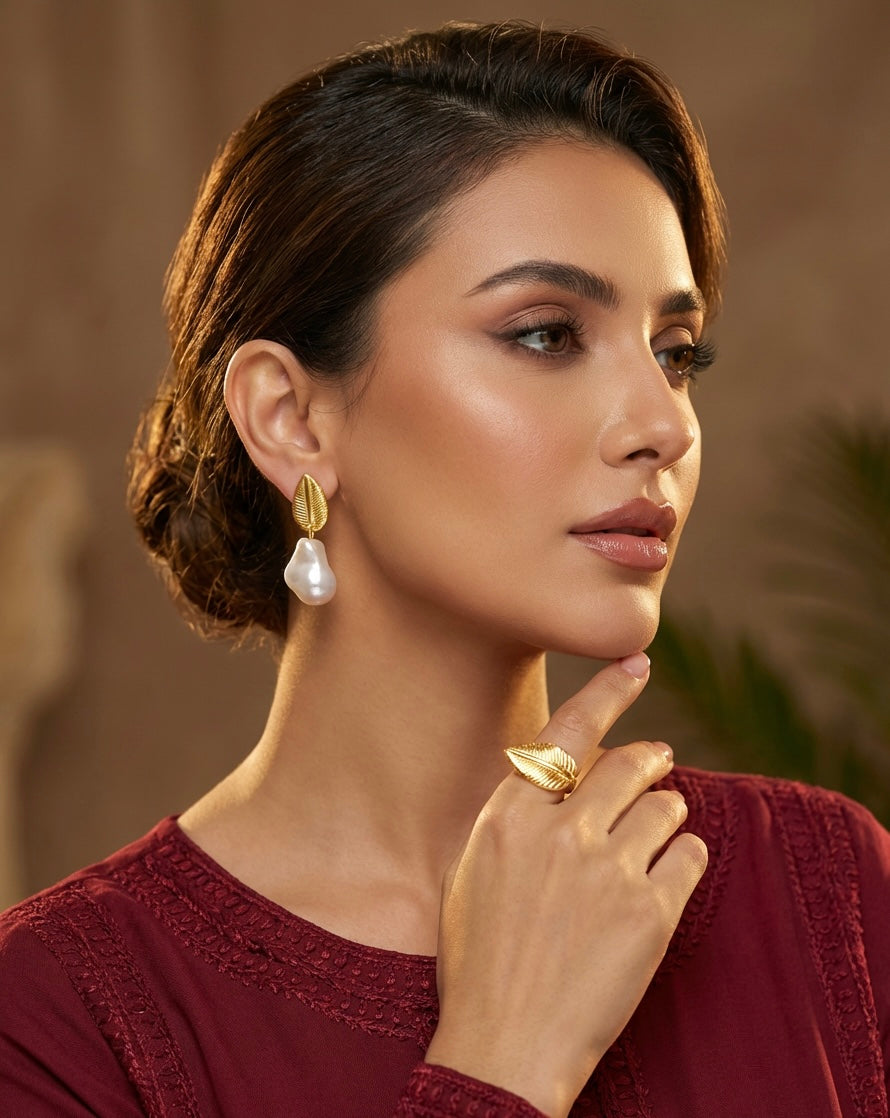 Mother of Pearl Golden Leaf Earrings - Botanical Bridal Jewellery London