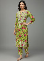 Mulmul fabric all over print with white thread chikankari embroidery long kurti and trousers. 