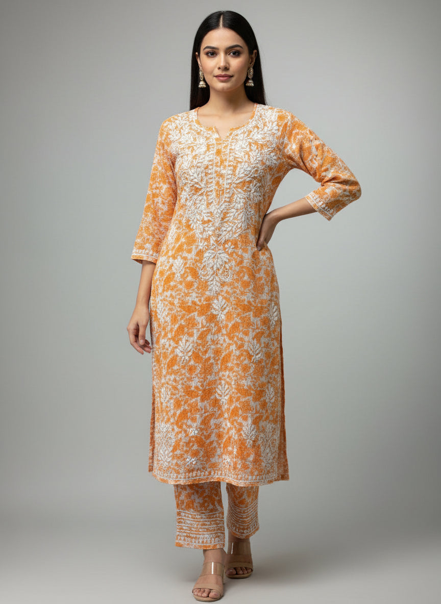 Mulmul fabric orange colour all over print with white thread chikankari embroidery long kurti and trousers. 