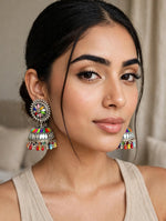 Multicolor floral mirror work meenakari oxidized silver jhumka earrings – ethnic Pakistani Indian bridal party jewelry.